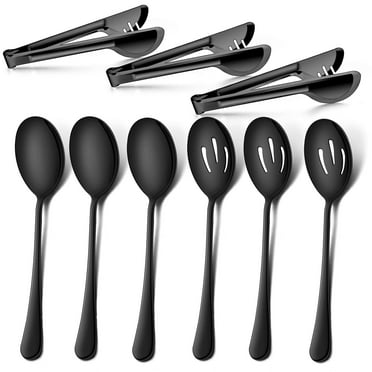 Vesteel 9 Piece Serving Set, 9.8 Inch Stainless Steel Silver Buffet Banquet Catering Serving Spoons Tongs Set, Black