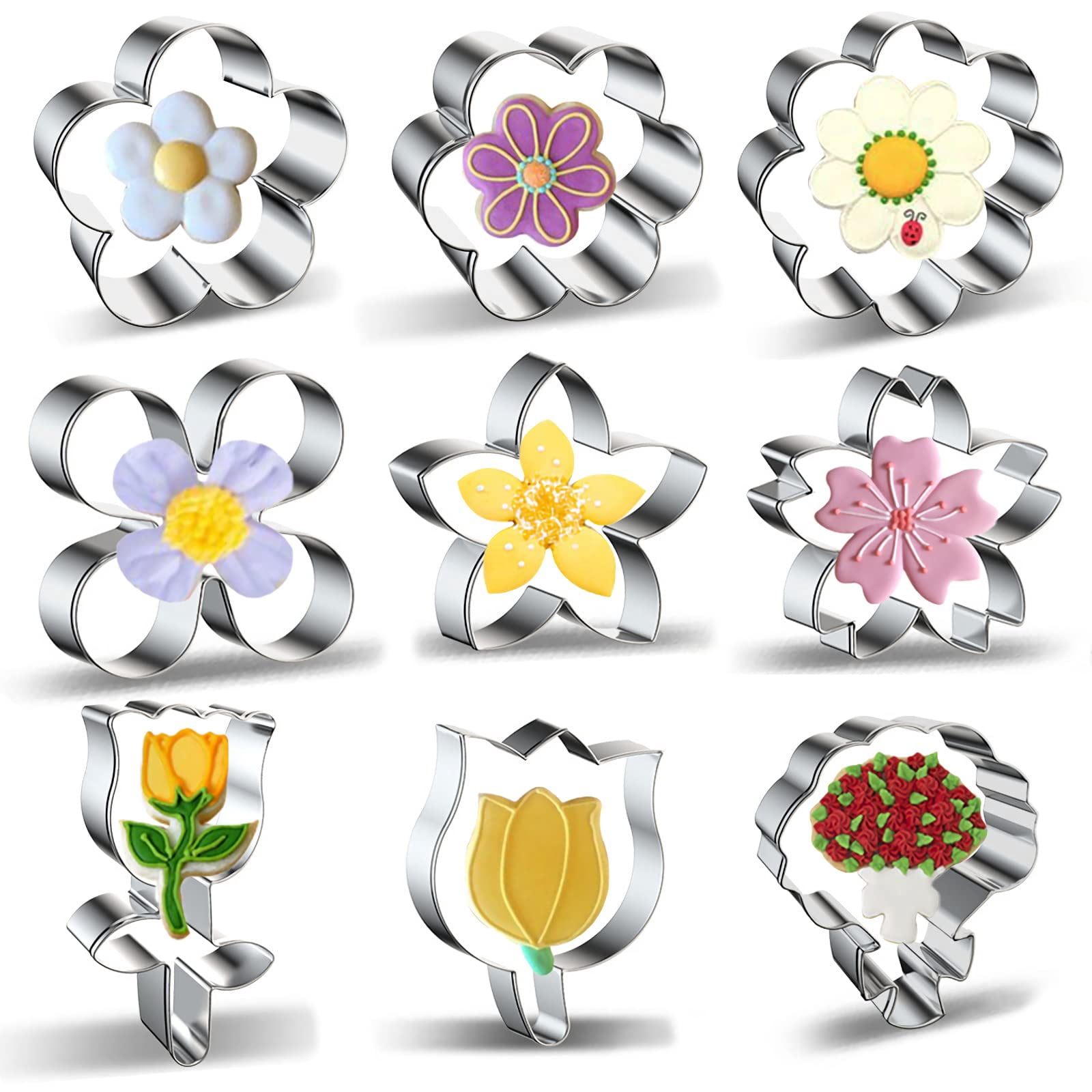9-Piece Flower Cookie Cutter Set Stainless Steel Biscuit Fondant Molds ...