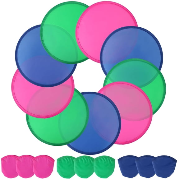 9 Piece Foldable Flying Disc or Fan Set 9.8 Inches with Storage Bag 3 Color Assortment