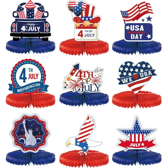 9-Piece Fourth Of July Honeycomb Decor Set, Patriotic Party Supplies With Usa Flags Eagles Trucks & Stars Stripes Designs, Independence Day Decorations For Tabletop Home Party