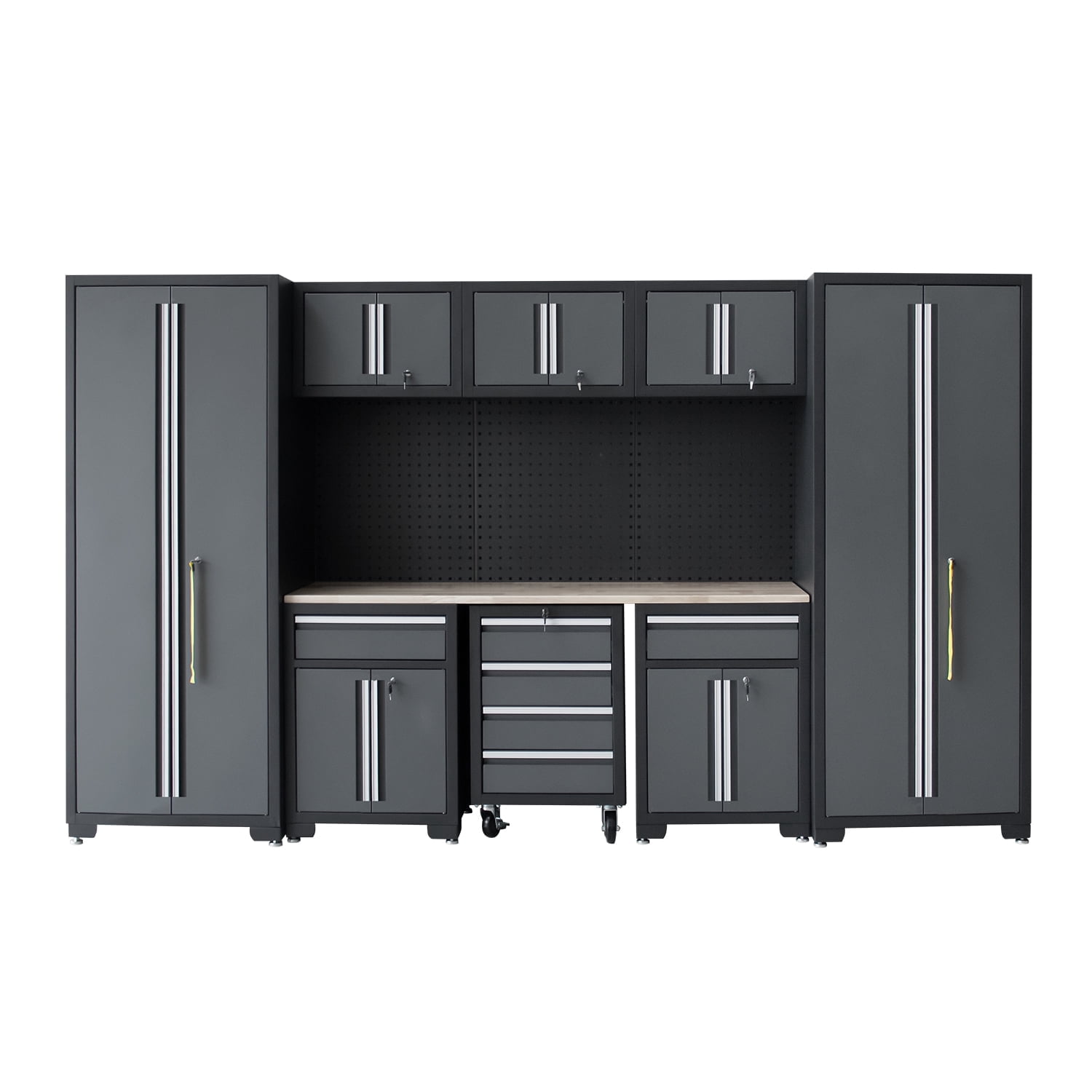 HPDMC 9-Piece Garage Shop Tool Storage Cabinet Set with Pegboard and Wooden Work Top 24 Gauge Steel Tool Chests & Garage Mounted Storage Systems - Black+Gray