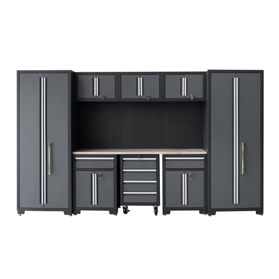 HPDMC 9-Piece Garage Shop Tool Storage Cabinet Set with Pegboard and Wooden Work Top 24 Gauge Steel Tool Chests & Garage Mounted Storage Systems - Black+Gray