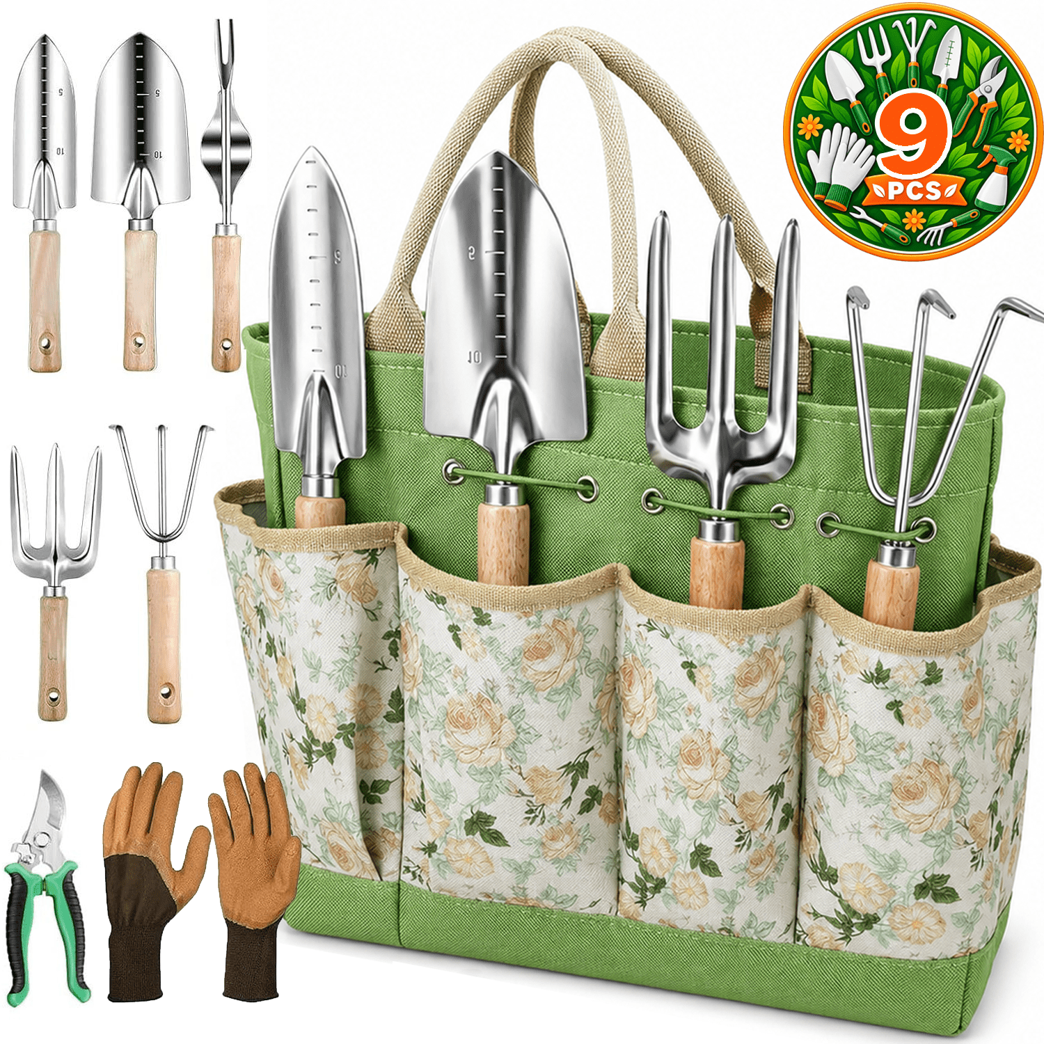 Pinshey 9-Piece Garden Tool Set with Storage Bag, Stainless Steel Gardening Hand Tools Kit with Beech Wood Handles, Trowels, Cultivator, Weeder, Pruning Shears &amp; Gloves deal from Walmart