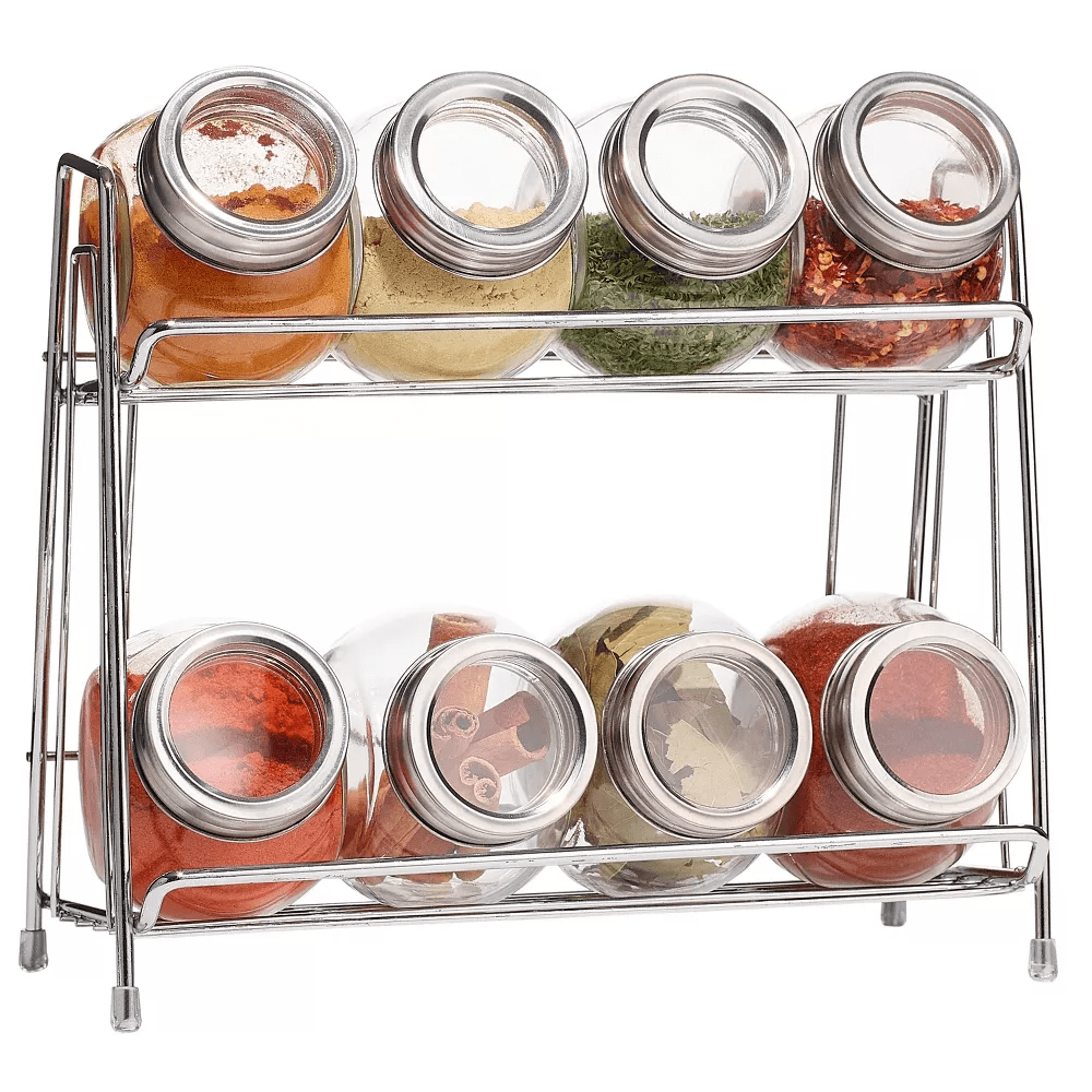 9-Piece Glass Spice Jar Set with 2-Tier Chrome Rack – 8 Glass Jars with ...