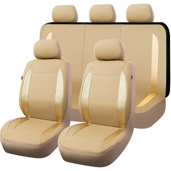 9-Piece Global PU Leather Car Seat Covers Full Set - Stitched Design - Durable & Easy Installation - Front & Rear Split Bench Protection - Individual Bag Packed - Color: All Beige