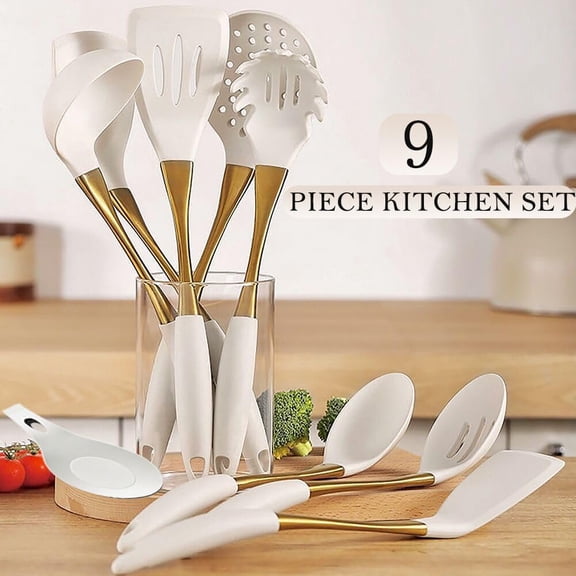 9-Piece Gold and White Silicone Cookware Set with Stainless Steel Handles for Nonstick Pots