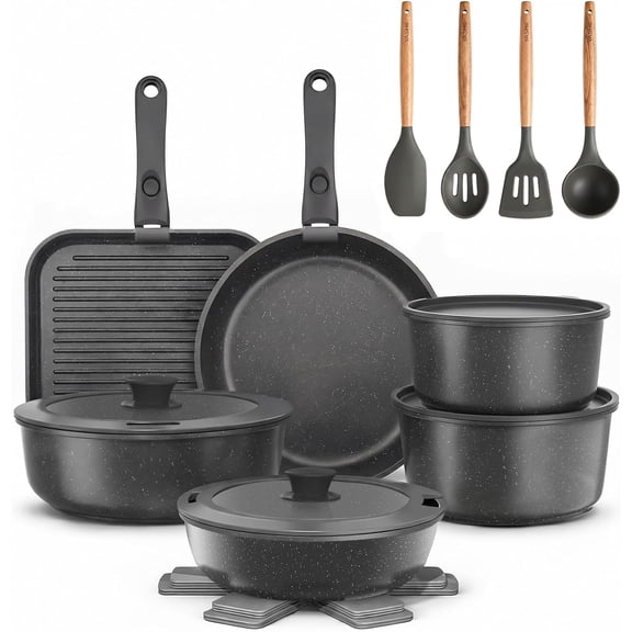 9-Piece Granite Nonstick Pots and Pans Set with Detachable Handle, Stackable, Oven Safe, Induction Compatible