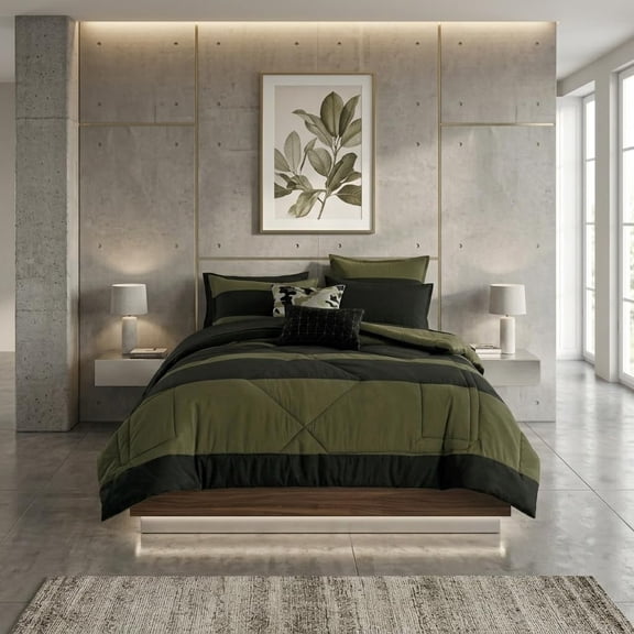 9-Piece Green Black Comforter Set, Soft Camo Geometric Stitched Lightweight Bed in a Bag with Comforter & Sheet Set for All Seasons, Queen Size
