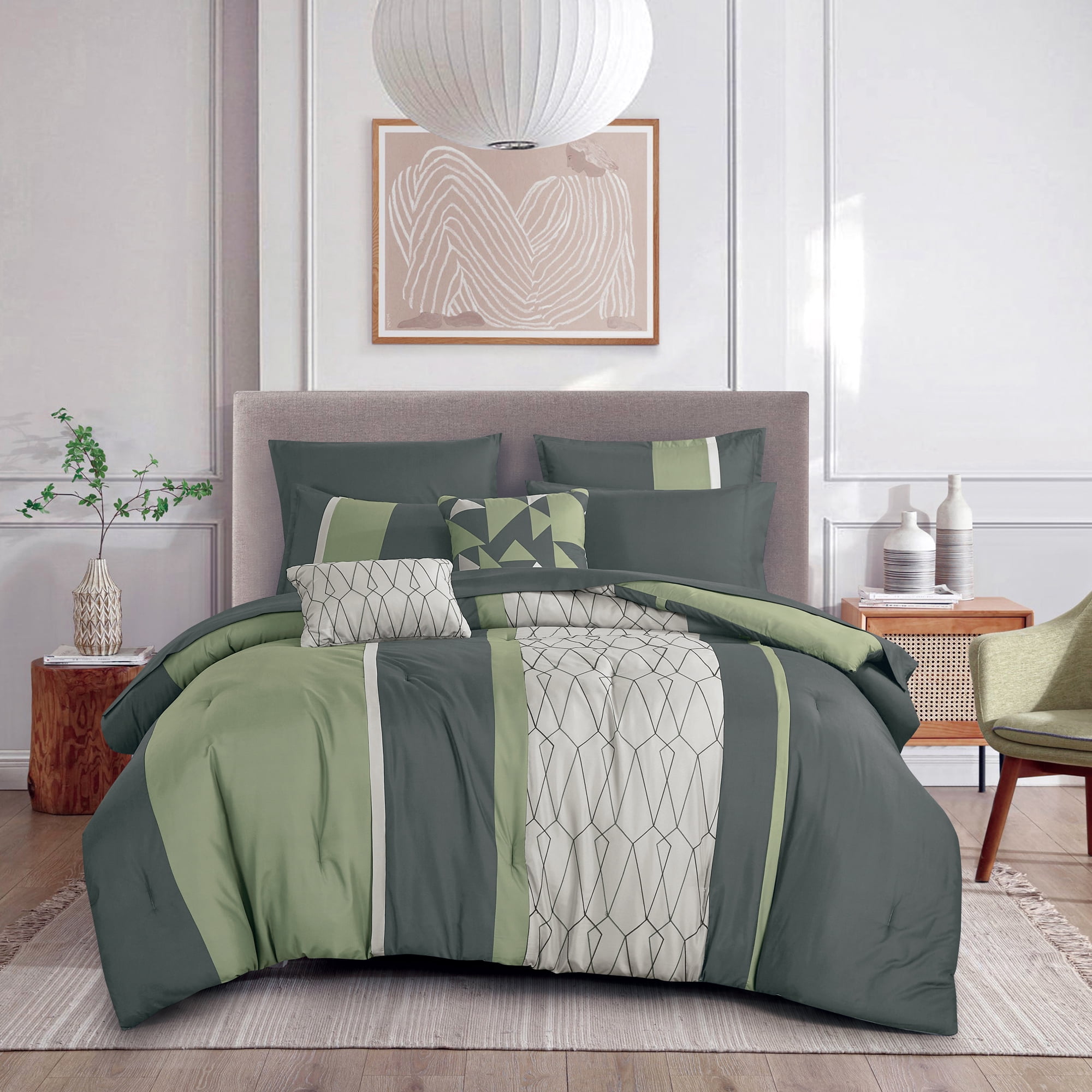 9-Piece Green & Gray Geometric Embroidery Comforter Set, Luxury Bedding with Sheets and Decor Pillows, King