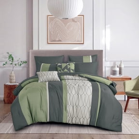 9-Piece Green & Gray Geometric Embroidery Comforter Set, Luxury Bedding with Sheets and Decor Pillows, Queen
