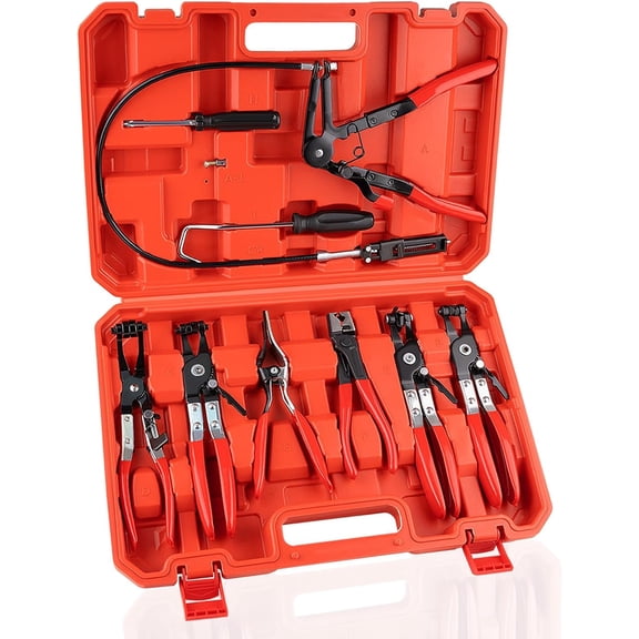 9-Piece Hose Clamp Pliers Kit, Long Reach Clamp Remover for Water Hoses, Automotive Radiator and Heater Coolant Pipes; Contains Flexible Wire Long Reach Pliers and Flat Band Clamp Pliers