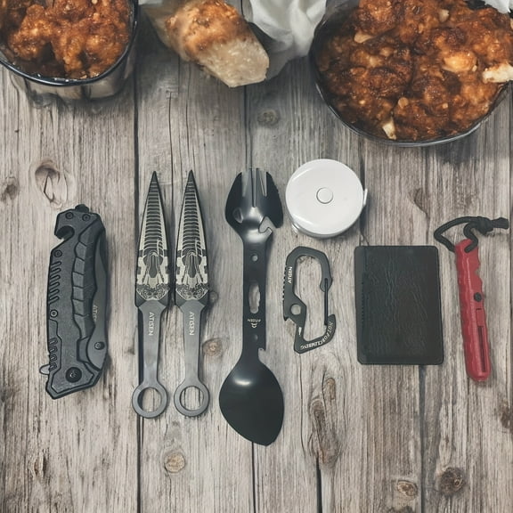 9-Piece Hunting Tool Set Folding Knife, Multi-Functional Utensils, Survival Paracord, Tool Card, Measuring Tape, Knife Sharpener, Carabiner & Throwing Knife Complete Outdoor Hunting Gear