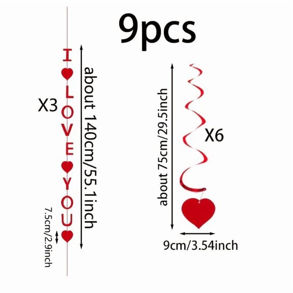 9-Piece I Love You Heart Ornaments Set - Romantic Spiral Hanging Decorations for Valentine's Day Wedding Anniversary Party Supplies