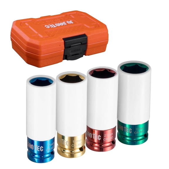 9-Piece Impact Lug Nut Socket Set, 1/2" Drive, Metric (17,19,21mm) & SAE (3/4" to 1-1/16"), Thin Wall 6-Point Design with Colored Protective Sleeves for Non-Marring Rim Guard