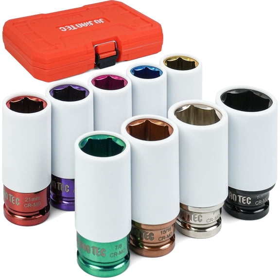 9-Piece Impact Lug Nut Socket Set, 1/2" Drive, Metric (17,19,21mm) & SAE (3/4" to 1-1/16"), Thin Wall 6-Point Design with Colored Protective Sleeves for Non-Marring Rim Guard