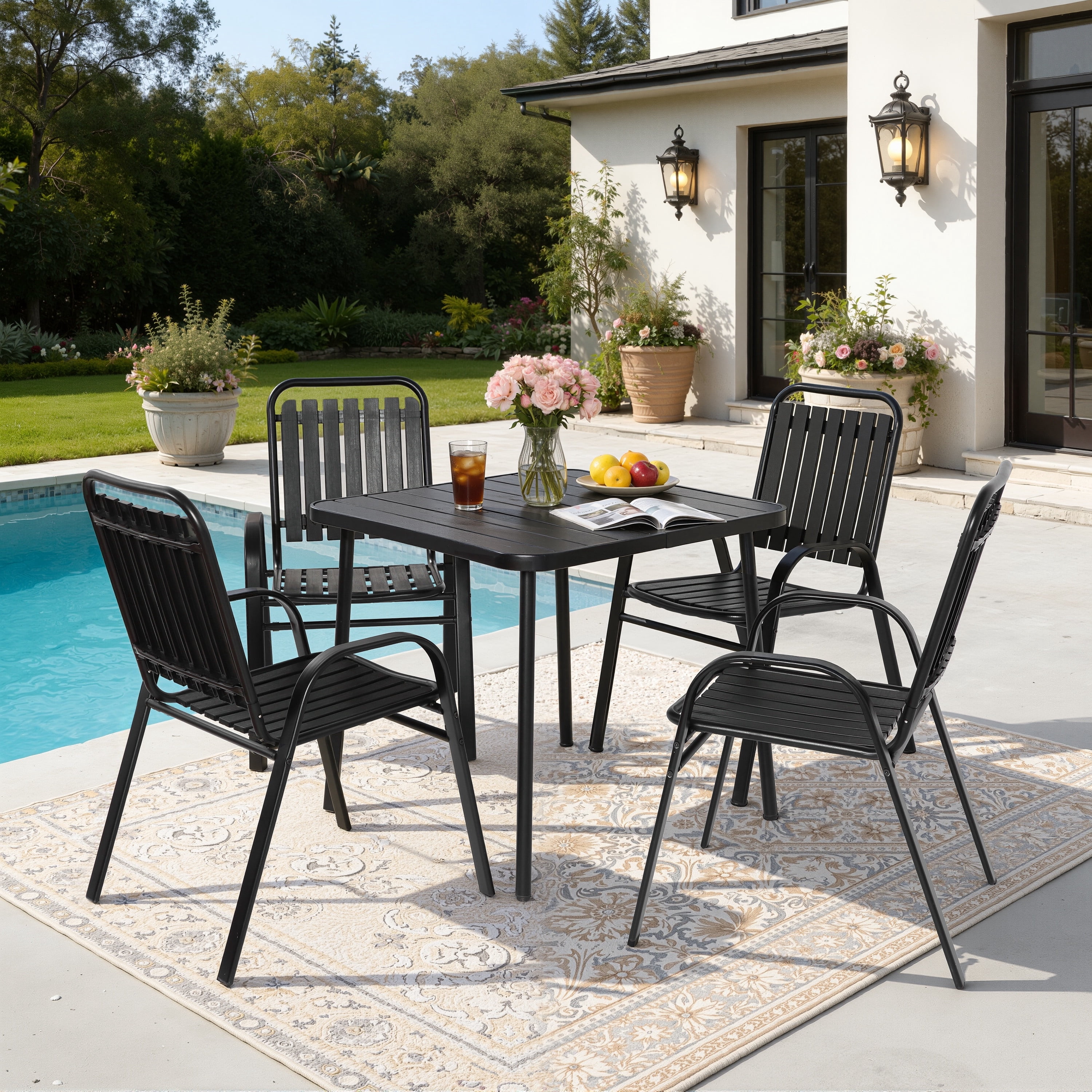 5 Piece Outdoor Dining Set, Patio Furniture Set with 4 Armrest Chairs and Steel Slat Table, All-Weather Conversation Set for Patio, Backyard, Deck, Poolside - Black