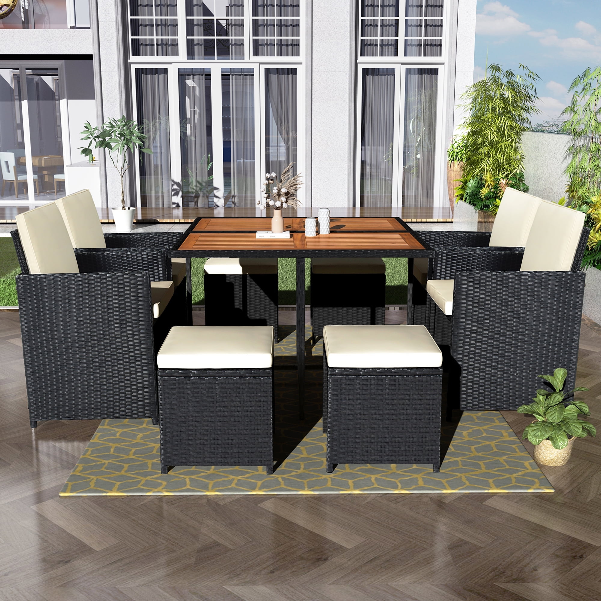SEGAMART 9-Piece Rattan Dining Set, Indoor/Outdoor Patio Furniture with Wood Tabletop, Cushions Included
