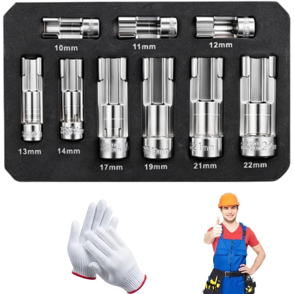 9-Piece Injector & Sensor Line Socket Set, 3/8 and 1/2-Inch Drive Metric 10-22 Mm Fuel Line Removal Tool Kit, Side Slot Design, Easy Union Removal, Fits Tight Spaces