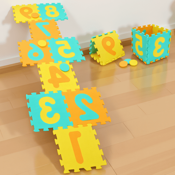 9-Piece Interlocking Foam Hopscotch Mat with 3 Marker Discs and Removable Numbers for 10M+, Yellow