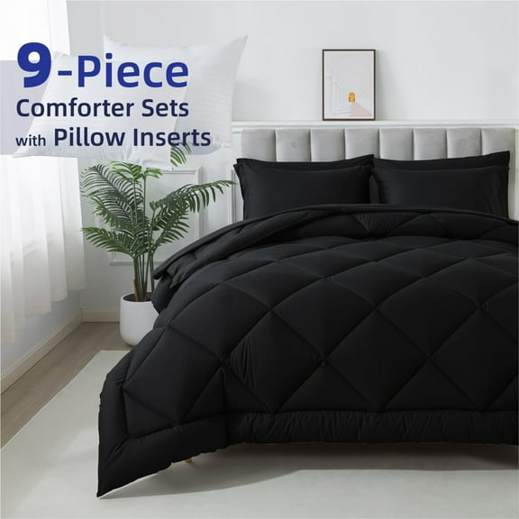 KINMEROOM 9-Piece King Size All-Season Bed in a Bag | Hypoallergenic Down Alternative Comforter Set | Black