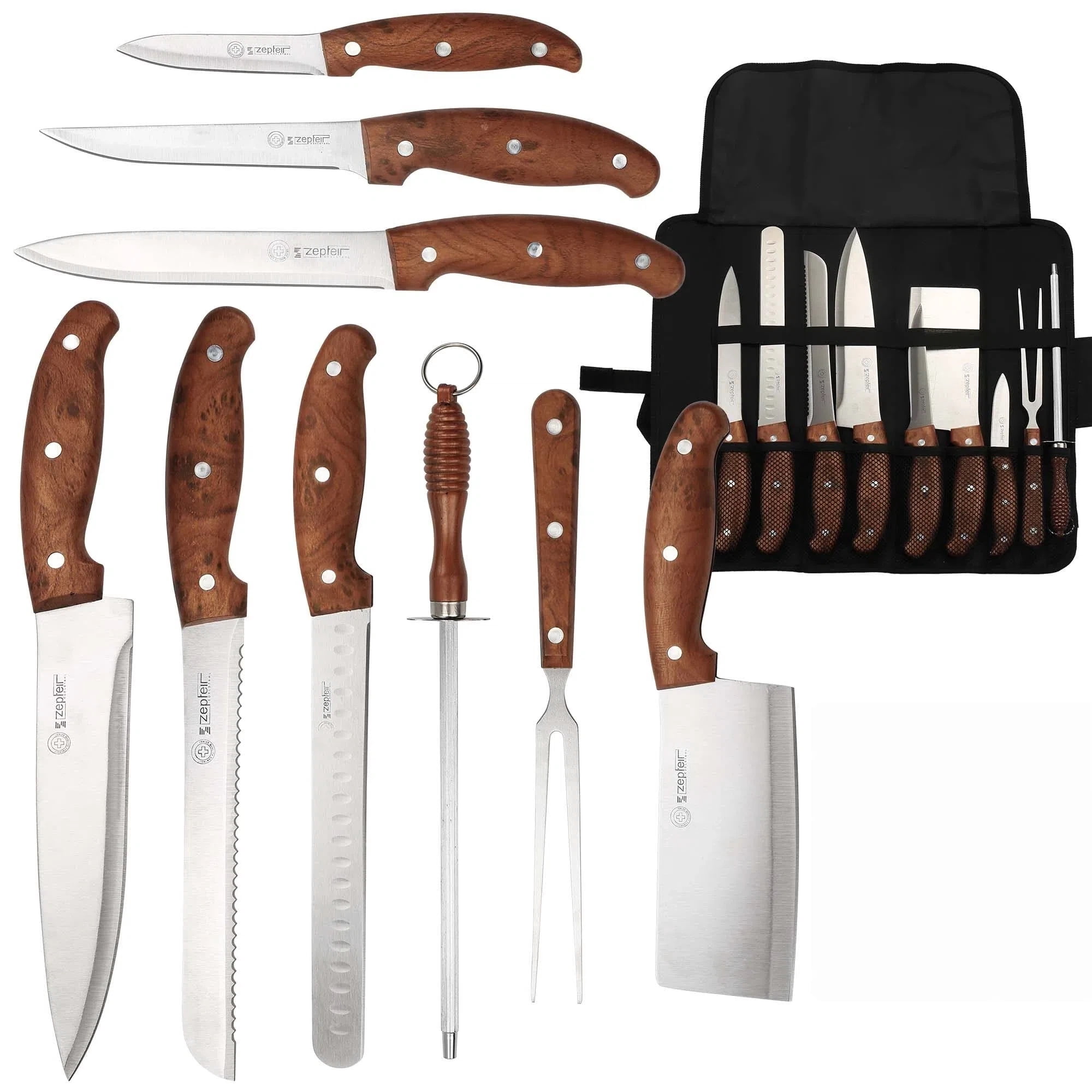 Blusmart 9-Piece Kitchen Knife Set with Portable Roll Bag, High-Performance Stainless Steel Professional Chef Knife Set, Ergonomic Knife Collection for Home, Camping and BBQ, Brown