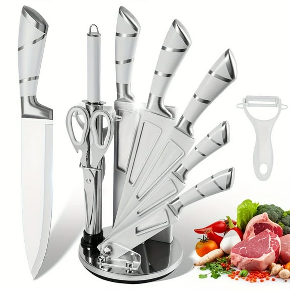 "9-Piece Kitchen Knife Set - Stainless Steel with Acrylic Stand | Chef, Bread, Paring & Utility Knives | Non-Slip Pink Handles"