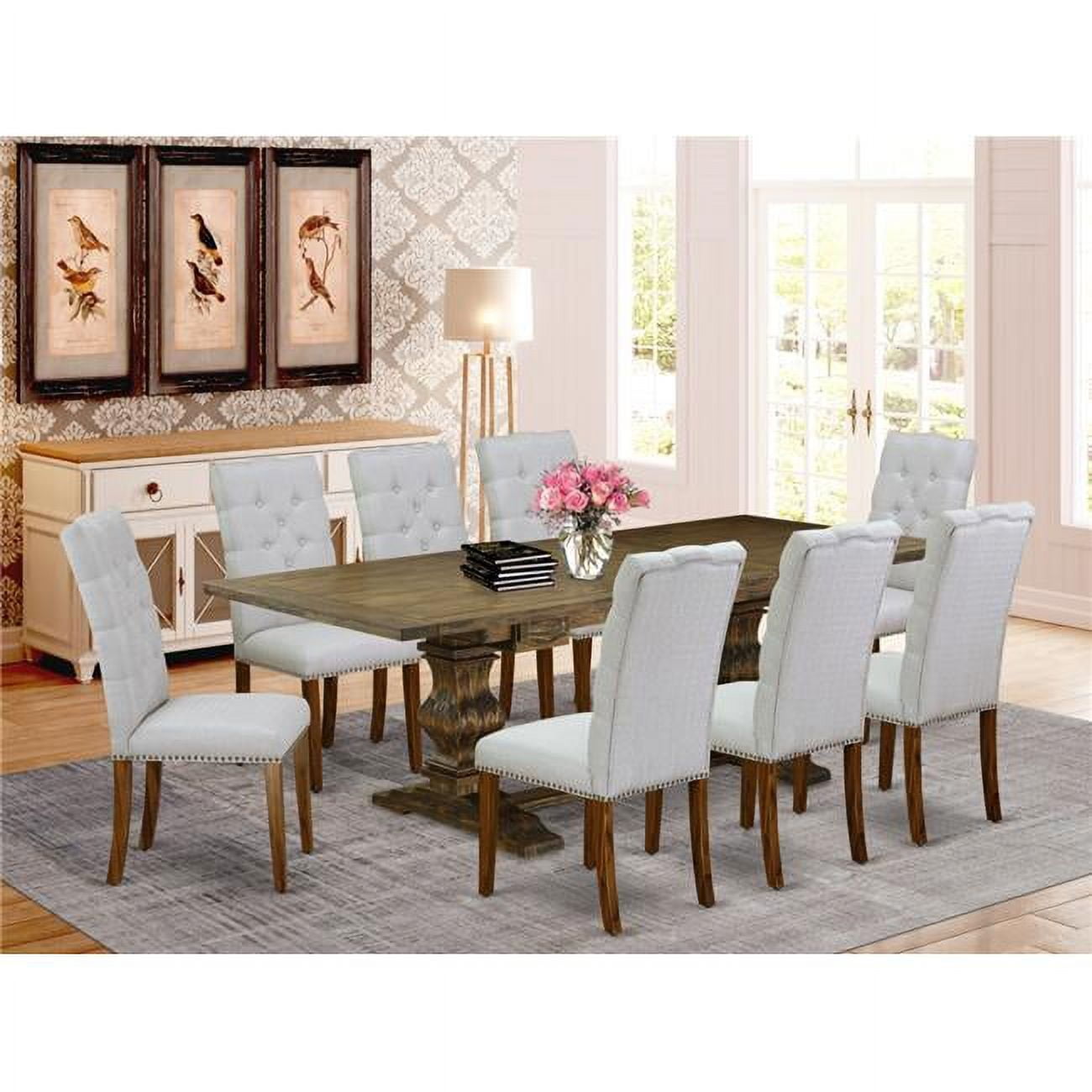 Distressed Jacobean Wood Dining Table with 8 Gray Linen Chairs
