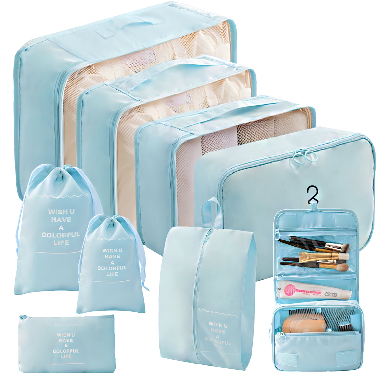 9-Piece Light Blue Travel Packing Cubes Set - Large Capacity, Waterproof & Breathable for Organized Trips