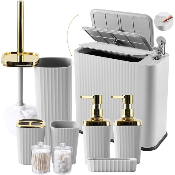 9-Piece Light Gray Bathroom Accessories Set - Modern Vertical Stripe Decor with Slim Wastebasket, Soap Dispenser & Toothbrush Set - Neutral Bath Organization Kit