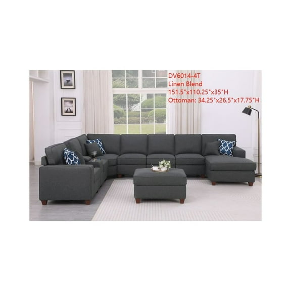 9-Piece Linen Fabric Upholstered Sectional With Chaise & Console-Dark Gray