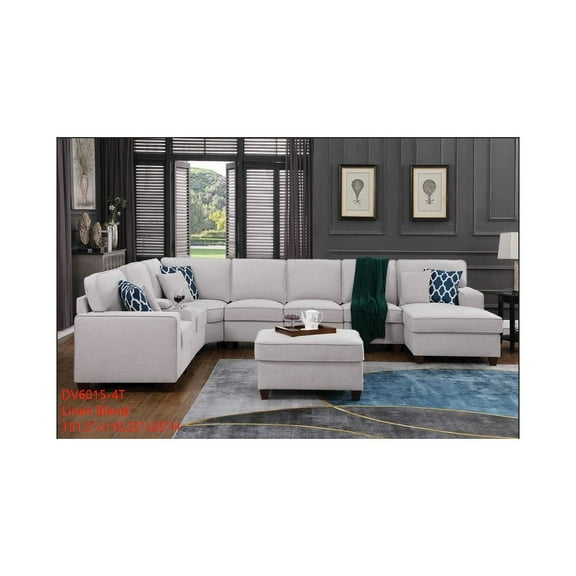 9-Piece Linen Fabric Upholstered Sectional With Chaise & Console-Light Gray