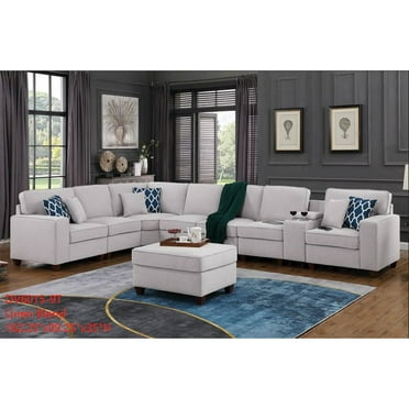 9-Piece Linen Fabric Upholstered Sectional With Console & Ottoman-Light Gray