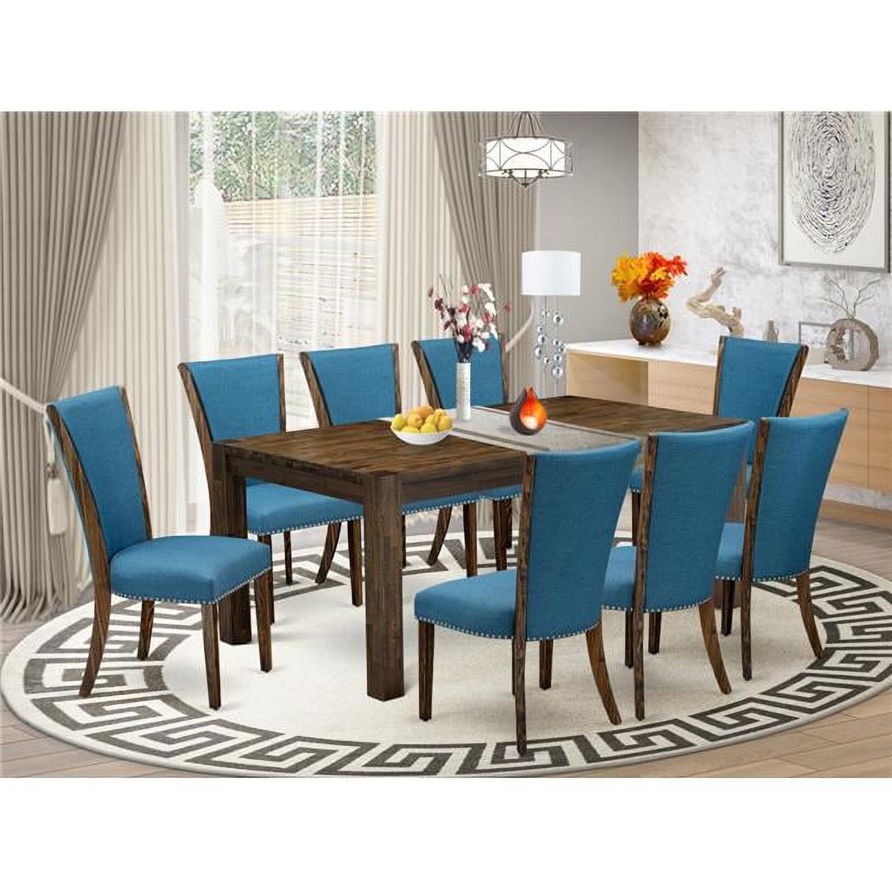 9 Piece Lismore Modern Dining Table Set Distressed Jacobean & Blue