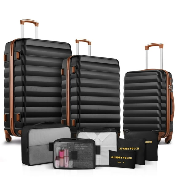 9 Piece Luggage Sets, Hard 20 24 28 inch Luggage with 6 Pieces Organize Bags Travel Suitcases Sets with Wheels, Black&Brown