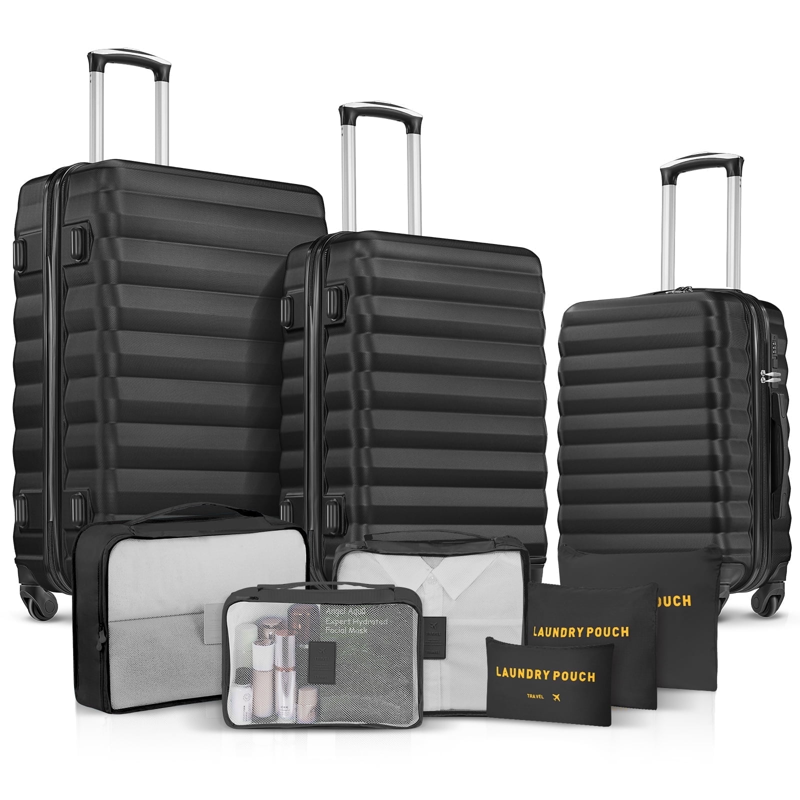 9 Piece Luggage Sets, Hard 20 24 28 inch Luggage with 6 Pieces Organize Bags Travel Suitcases Sets with Wheels,Black