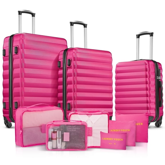 9 Piece Luggage Sets, Hard 20 24 28 inch Luggage with 6 Pieces Organize Bags Travel Suitcases Sets with Wheels, Rose