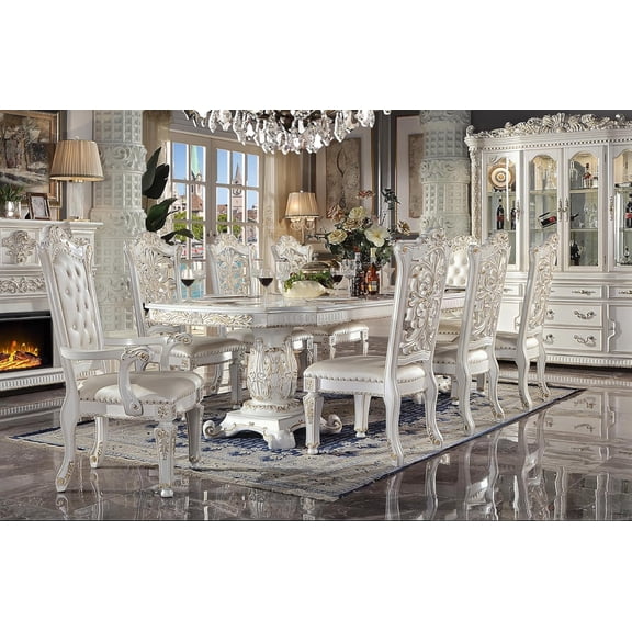 9-Piece Luxurious Formal Dining Table Set Kitchen Furniture Set Include 1 Extendable Dining Table, 6 Side Chairs and 2 Arm Chairs, Set for 8 Persons Antique Pearl