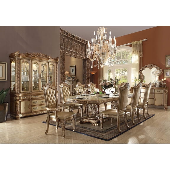 9-Piece Luxurious Formal Dining Table Set Kitchen Furniture Set Include 1 Extendable Dining Table, 6 Side Chairs and 2 Arm Chairs, Set for 8 Persons Gold
