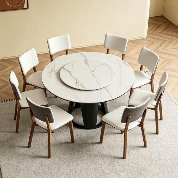 9 Piece Marble Dining Table Set with Lazy Susan, 59" Round Sintered Stone Table Set for Dining Room, Kitchen, with 8 Metal Frame Upholstered Chairs