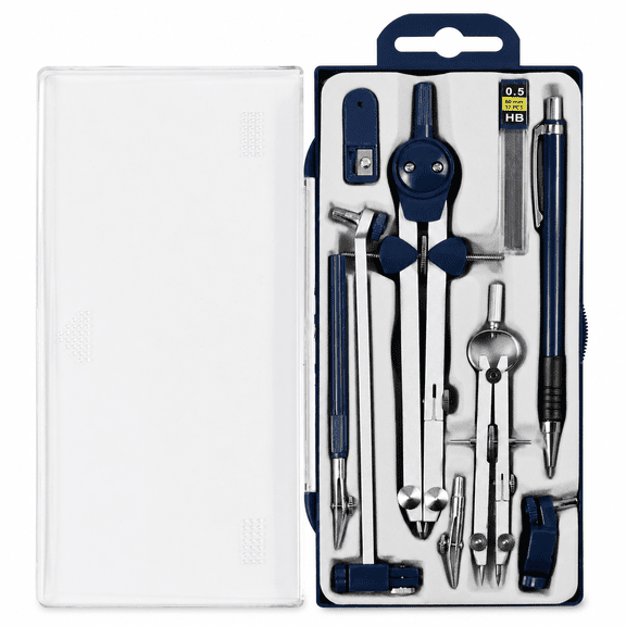 9-Piece Metal Precision Geometry Drafting Set with Shatterproof Storage Case