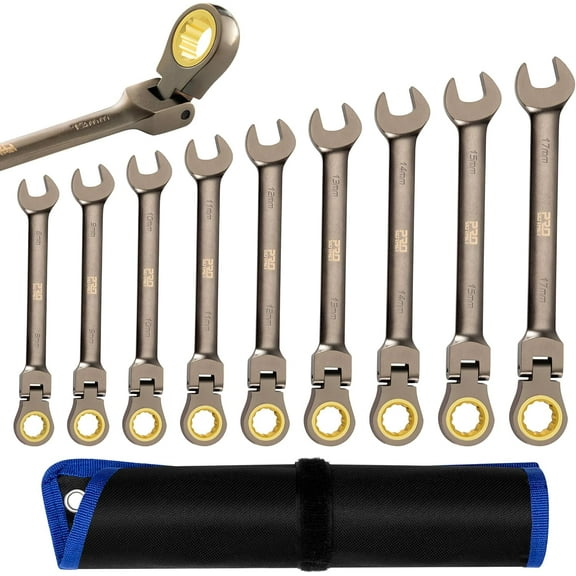 9-Piece Metric Flex-Head Ratchet Wrench Set, Cr-V Constructed with Black Nickel Plating, 8-17mm Swivel Head Ratcheting Combination Wrench Kit with Rolling Pouch