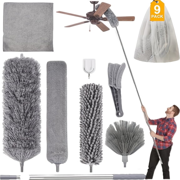 9-Piece Microfiber Extendable Duster Kit with 100" Extension Pole, Washable Retractable Cleaning Set for High Ceiling, Cobweb, Furniture, Blinds, Car  Home Use