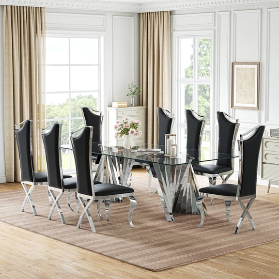 9-Piece Modern Dining Room Set for 8, 94.49" Rectangular Tempered Glass Table, Streamlined High-Back PU Leather Chairs, X-Shaped Mirrored Legs