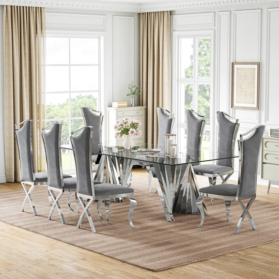 9-Piece Modern Dining Room Set for 8, 94.49" Rectangular Tempered Glass Table, Streamlined High-Back Velvet Chairs, X-Shaped Mirrored Legs