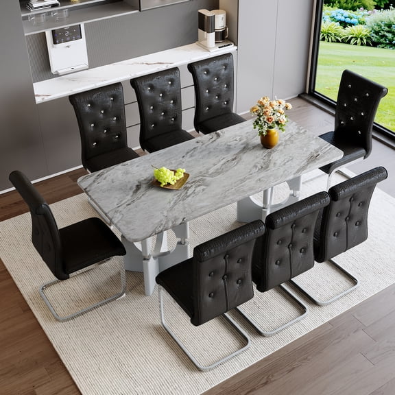9-Piece Modern Dining Table Set, Faux Grey Marble MDF Table with 8 Upholstered Black Dining Chairs, Silver Metal Sled Legs, Contemporary Kitchen & Dining Room Furniture for Family & Entertaining