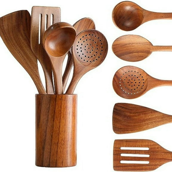 9 Piece Natural Teak Wooden Kitchen Utensil Set With Comfort Grip Cooking Spoons And Included Utensil Holder Stand