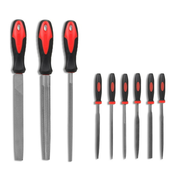 9 Piece Needle File Set, High Carbon Steel with Rubberized Non Slip Grips, 1 Set, Red/Black