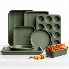 9pc Nonstick Bakeware Set with Cooling Rack, Stackable Oven Safe Baking Pan set, Muffin & Cookie Sheet, Ceramic Coated Green