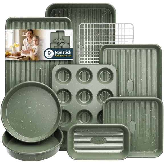 9pc Nonstick Bakeware Set with Cooling Rack, Stackable Oven Safe Baking Pan set, Muffin & Cookie Sheet, Ceramic Coated Green