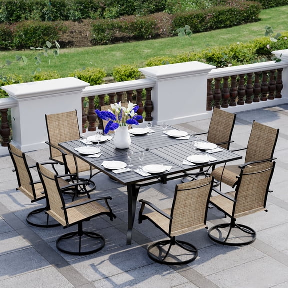9-Piece Outdoor Dining Set for 8 with Adjustable Umbrella Hole & 8 Swivel Chairs, Square Iron Table & Weather-Resistant Design for Patio, Deck, Backyard, Poolside (Gray/Brown/Blue)